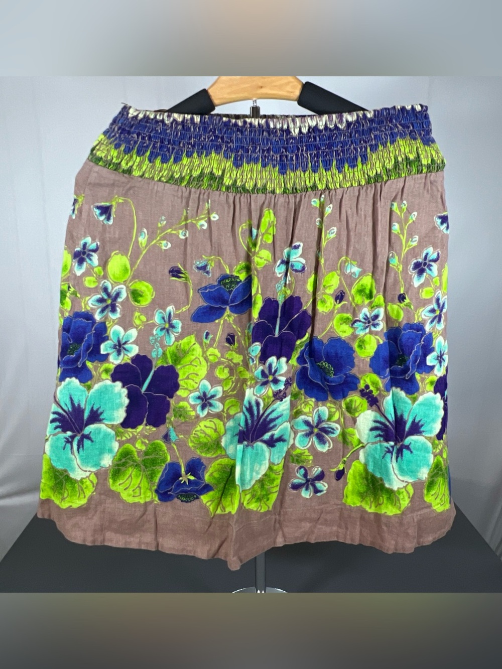 Free People Brown Floral A-Line Skirt with Blue & Green Blooms